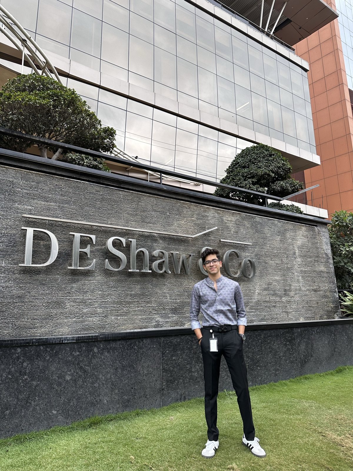 Samkit outside the D. E. Shaw & Co. office