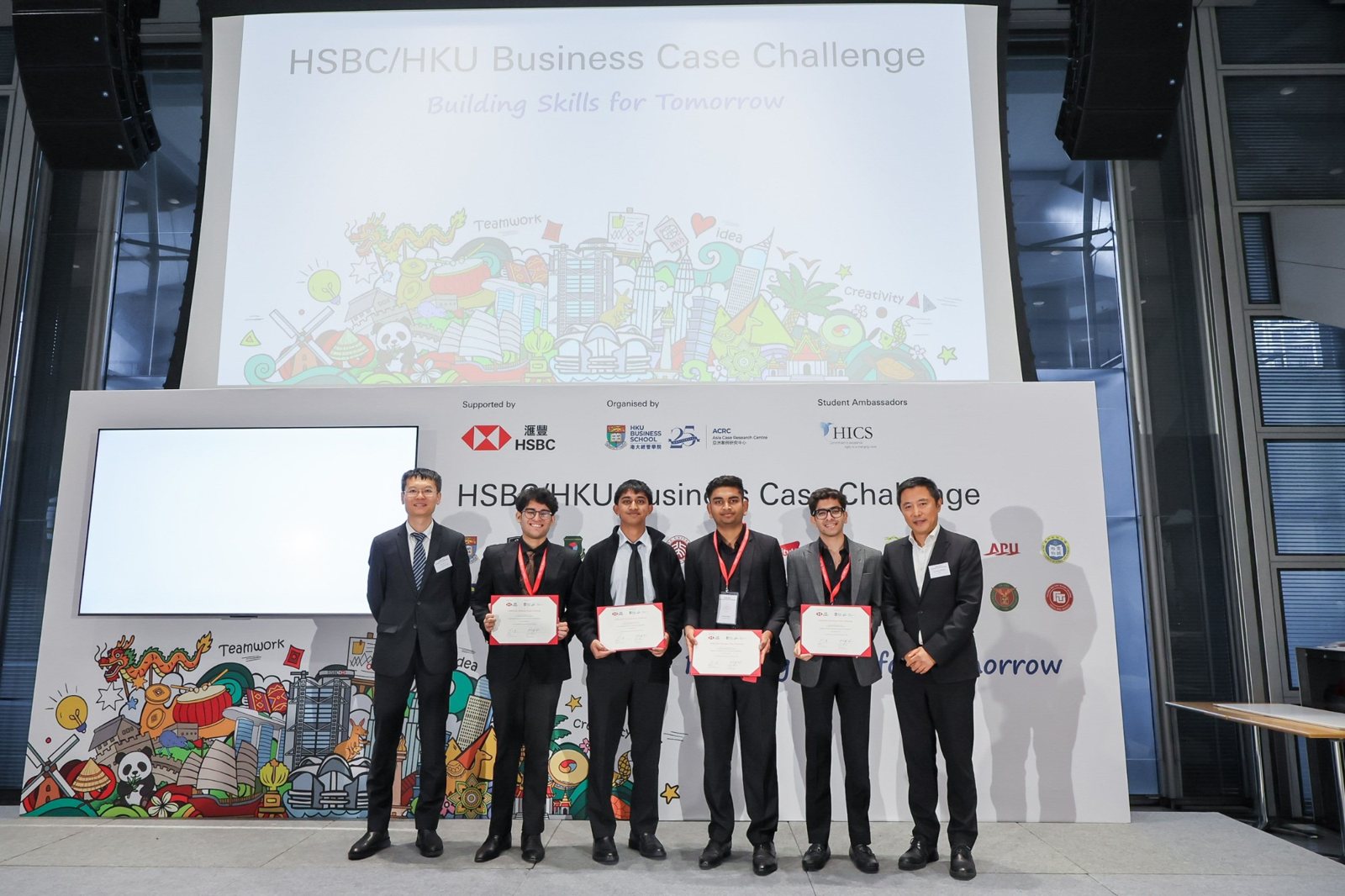 Samkit's team on stage at the HSBC/HKU Business Case Challenge in Hong Kong