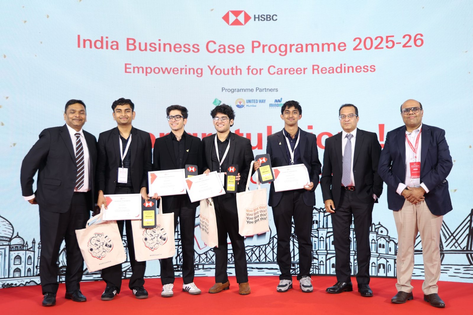 Samkit's team receiving the winners' awards at the HSBC India Business Case Programme