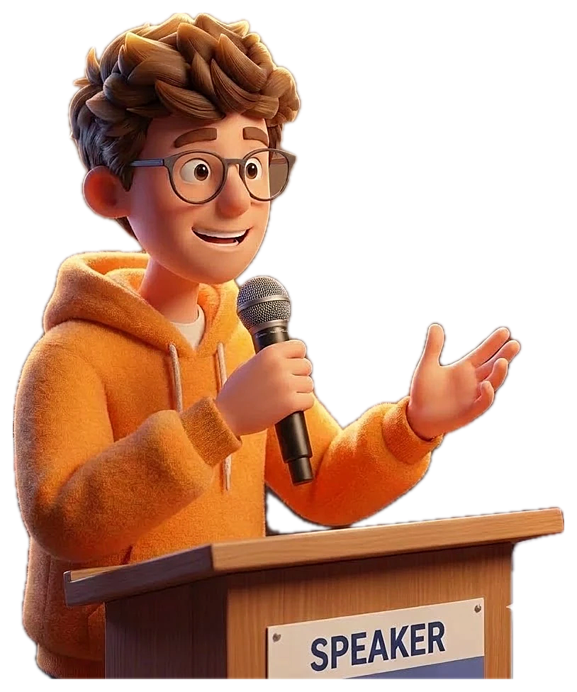 Samkit's mascot speaking at a podium